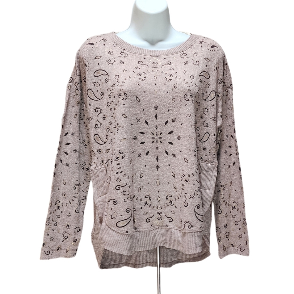 Democracy Long Sleeve Knit Top Crewneck Paisley Medallion Print Hi-Low Hem S